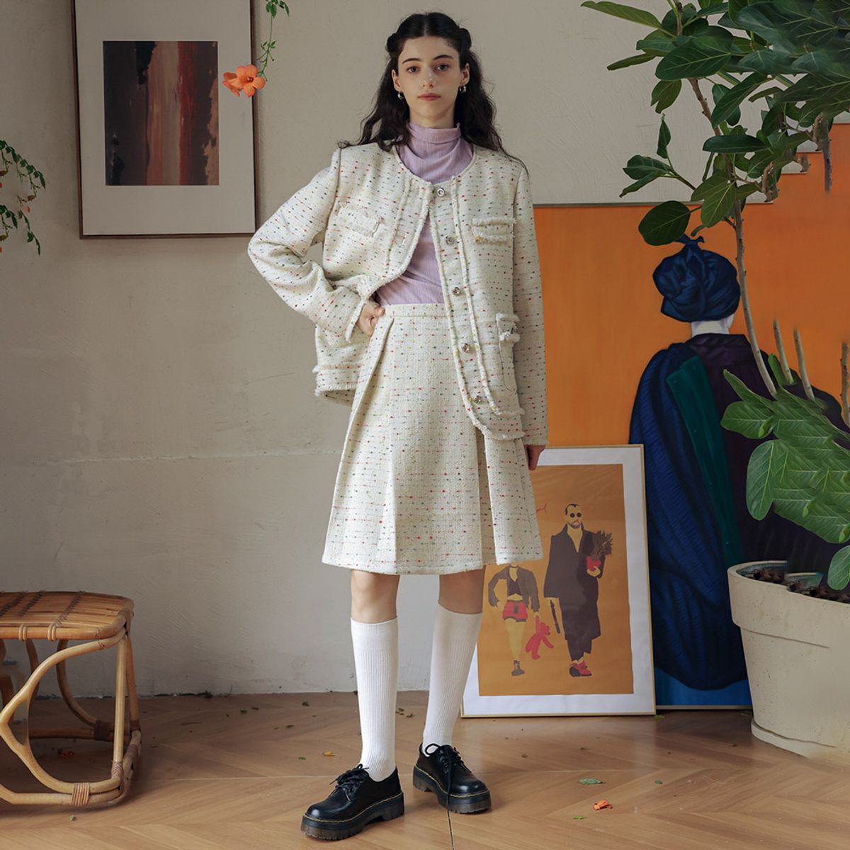 던드롭(DUNDROP) DD_White wool tweed skirt