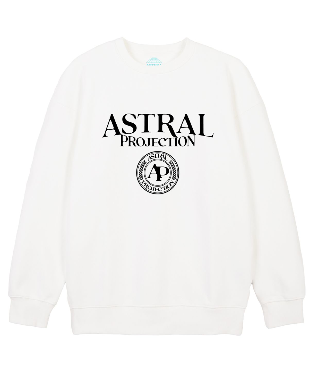 아스트랄 프로젝션(ASTRAL PROJECTION) 레터링 로고 엠블럼 루즈핏 맨투맨_화이트