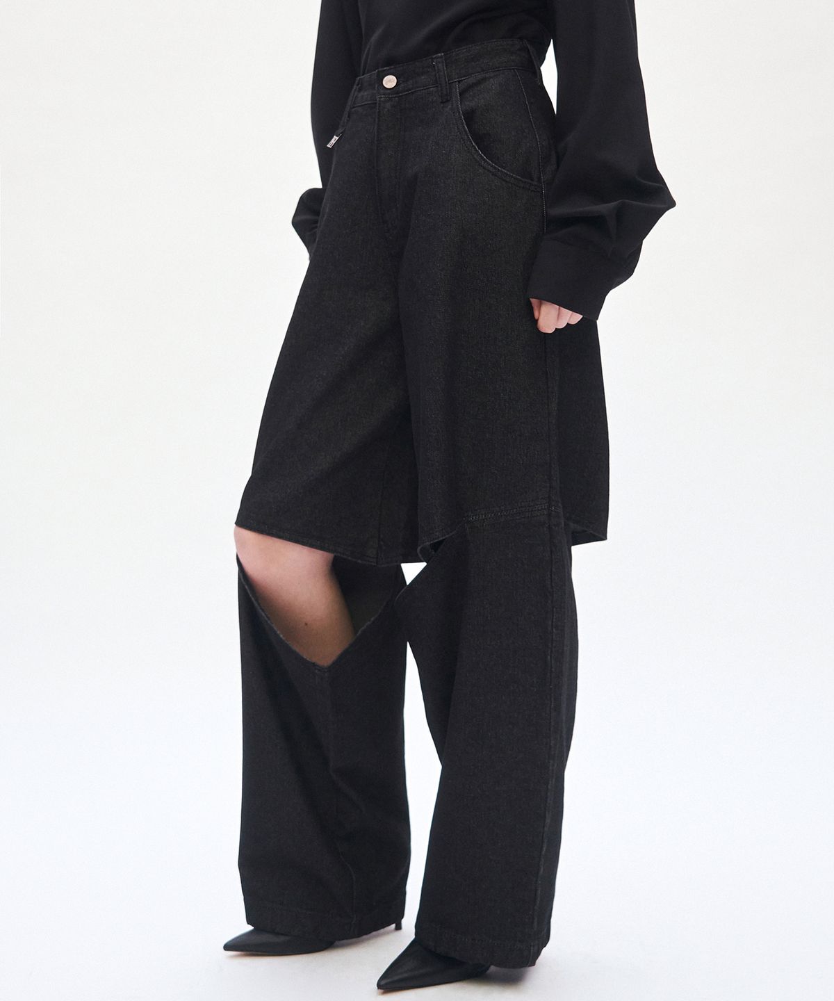 트리밍버드(TREEMINGBIRD) Knee Slit Wide Pants [ Black Denim ]