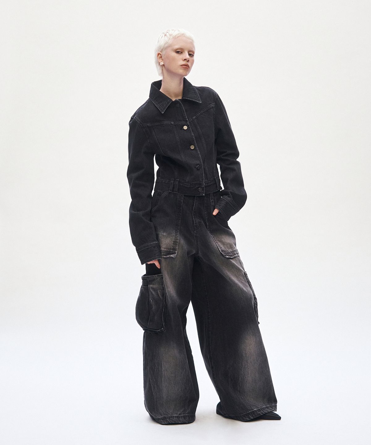 트리밍버드(TREEMINGBIRD) Denim Cargo Pants [ Black ]