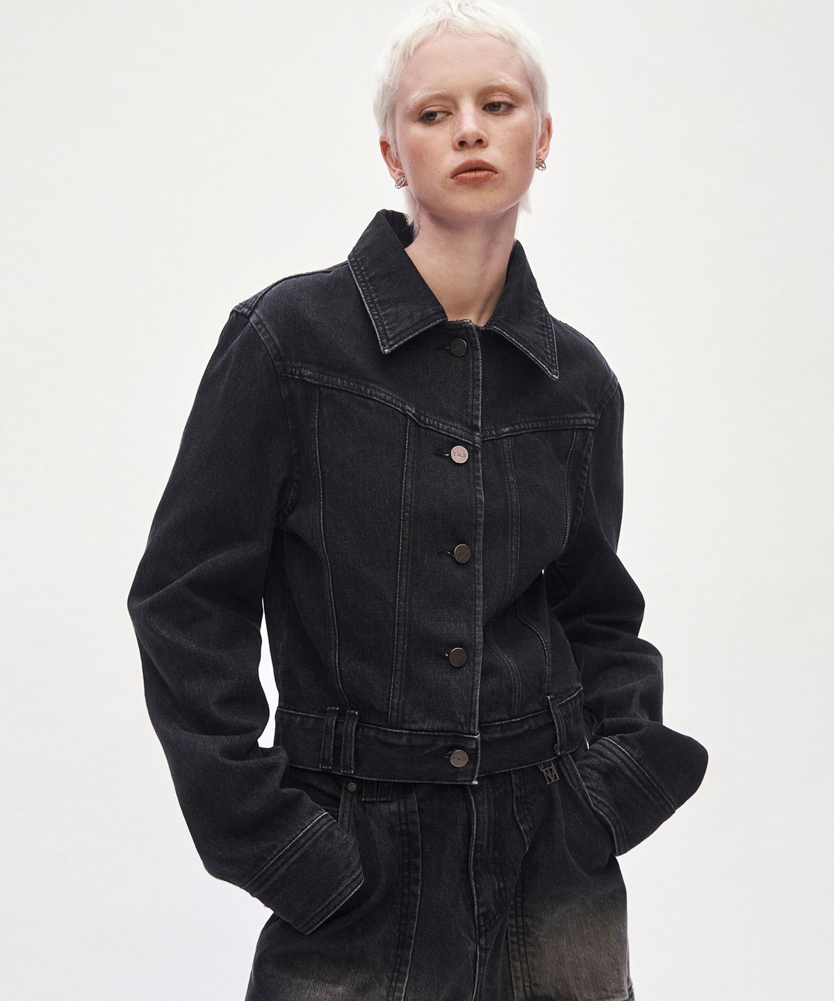 트리밍버드(TREEMINGBIRD) Incision Denim Set-up Jacket [ Black ]