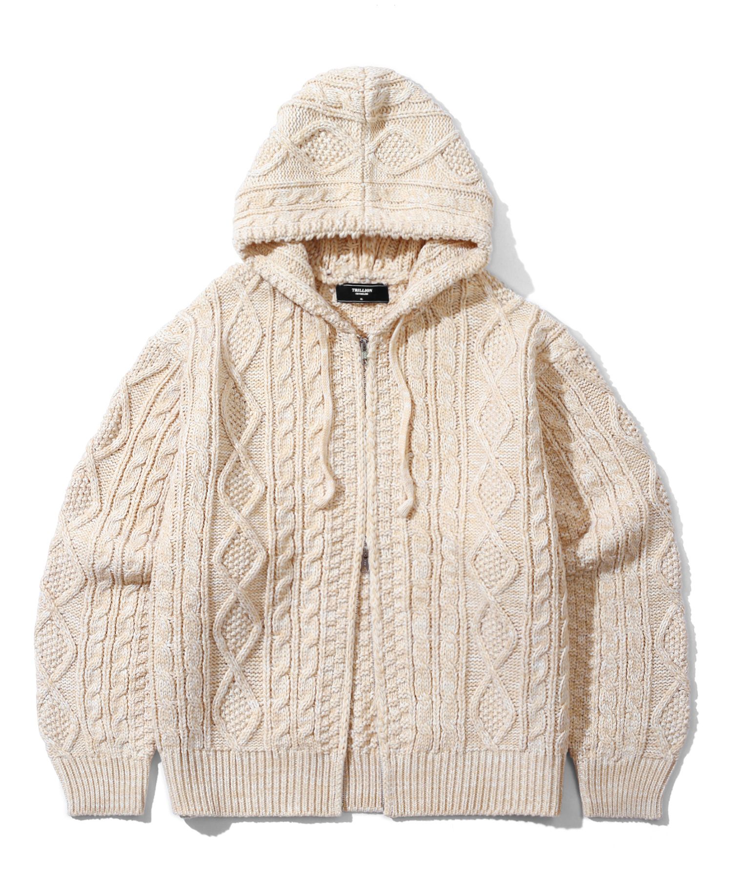 MUSINSA公式 | TRILLION Washable Aran cable hood zip-up knit (IVORY)