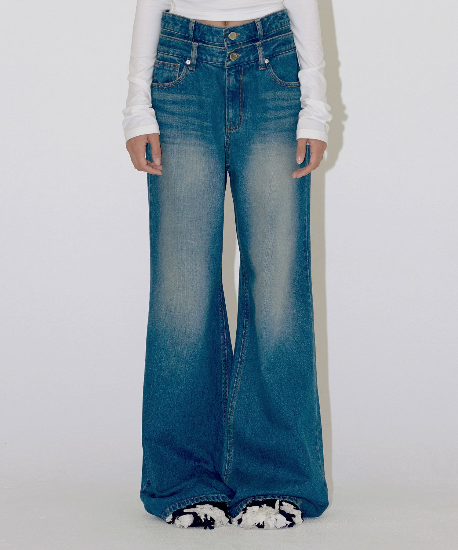 ★ DIAGONAL★ WAIST CONSECUTIVE BOOTSCUT DENIM dark blue DA MUSINSA | DIAGONAL WAIST CONSECUTIVE BOOTSCUT DENIM (dark blue)