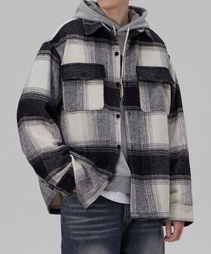 오버핏 헤비 투 포켓 체크 셔츠 자켓 블랙