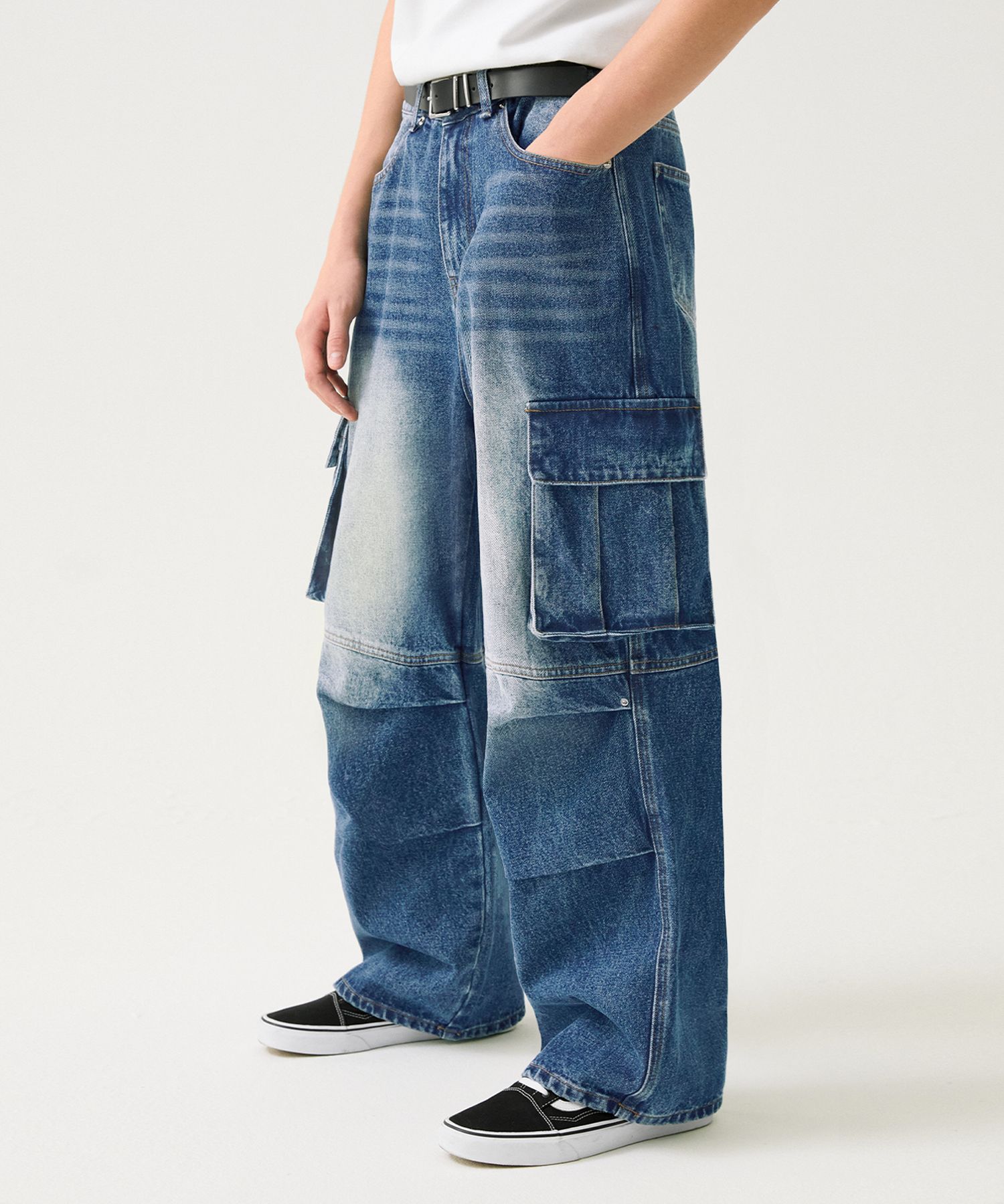 ★TRILLION★ Parachute Cargo Rivet Denim Pants MIDDLE BLUE T Drawstring Cargo Parachute Pant | Premium Italian Fabric