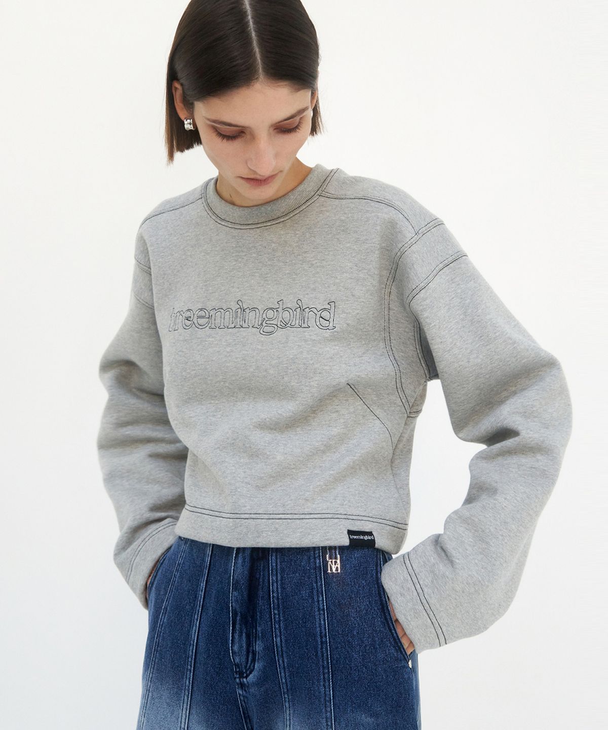 트리밍버드(TREEMINGBIRD) Stitched Semi-Cropped Tee [ Gray ]