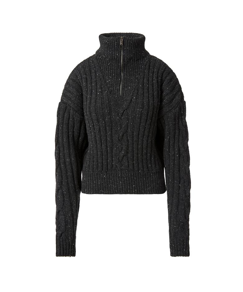 WOOL-BLEND QUARTER-ZIP CABLE SWEATER_CHARCOAL