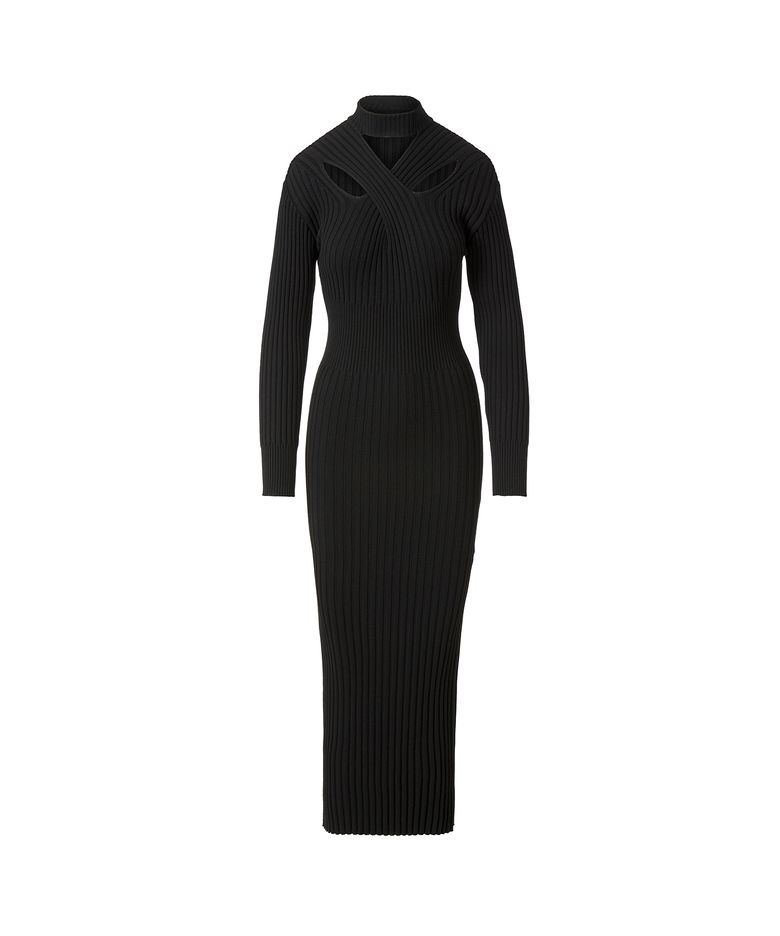 CROSS-CUTOUT RIBBED-KNIT DRESS_BLACK