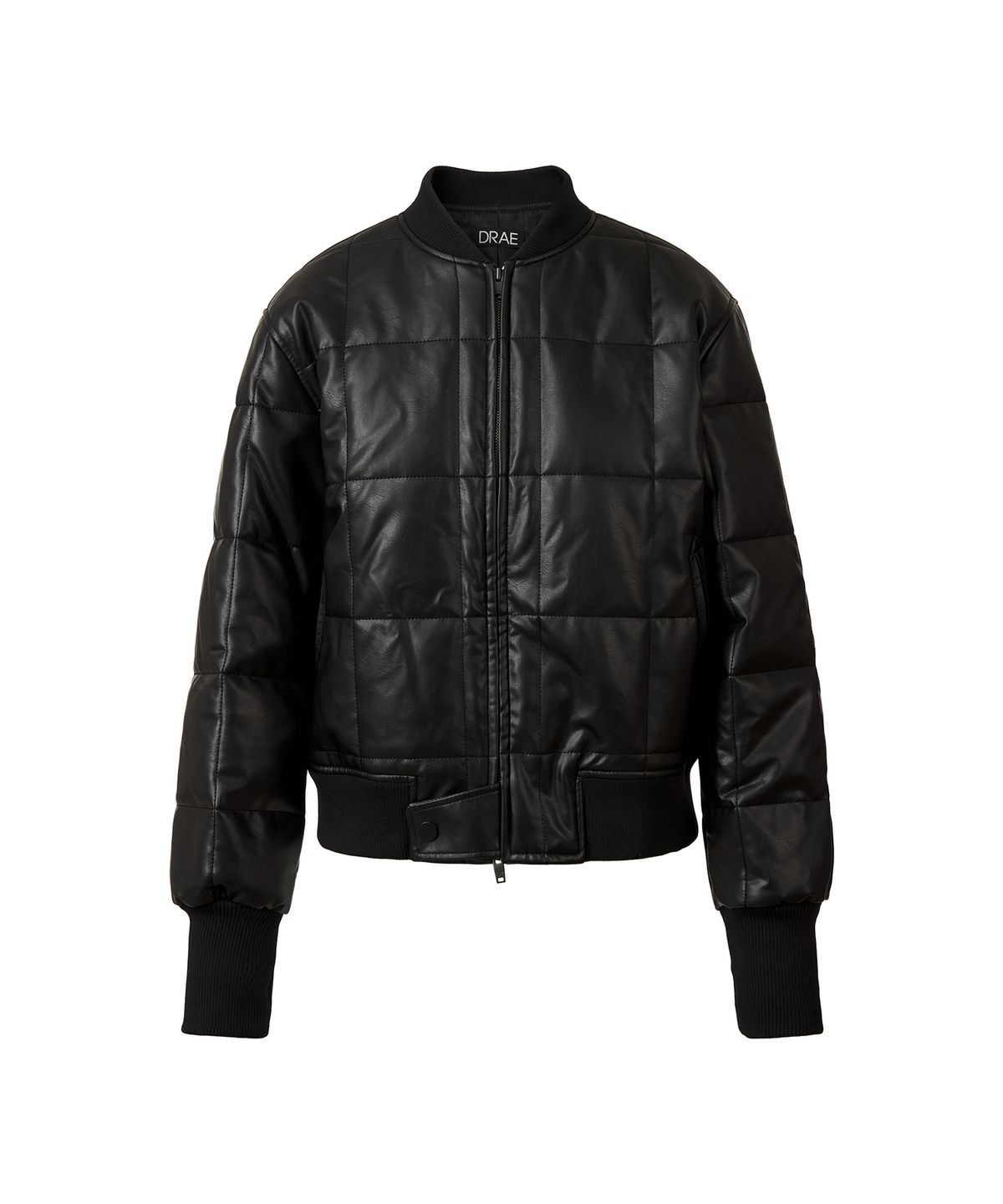 드레(DRAE) SHELL QUILTED FAUX LEATHER VARSITY JACKET_BLACK
