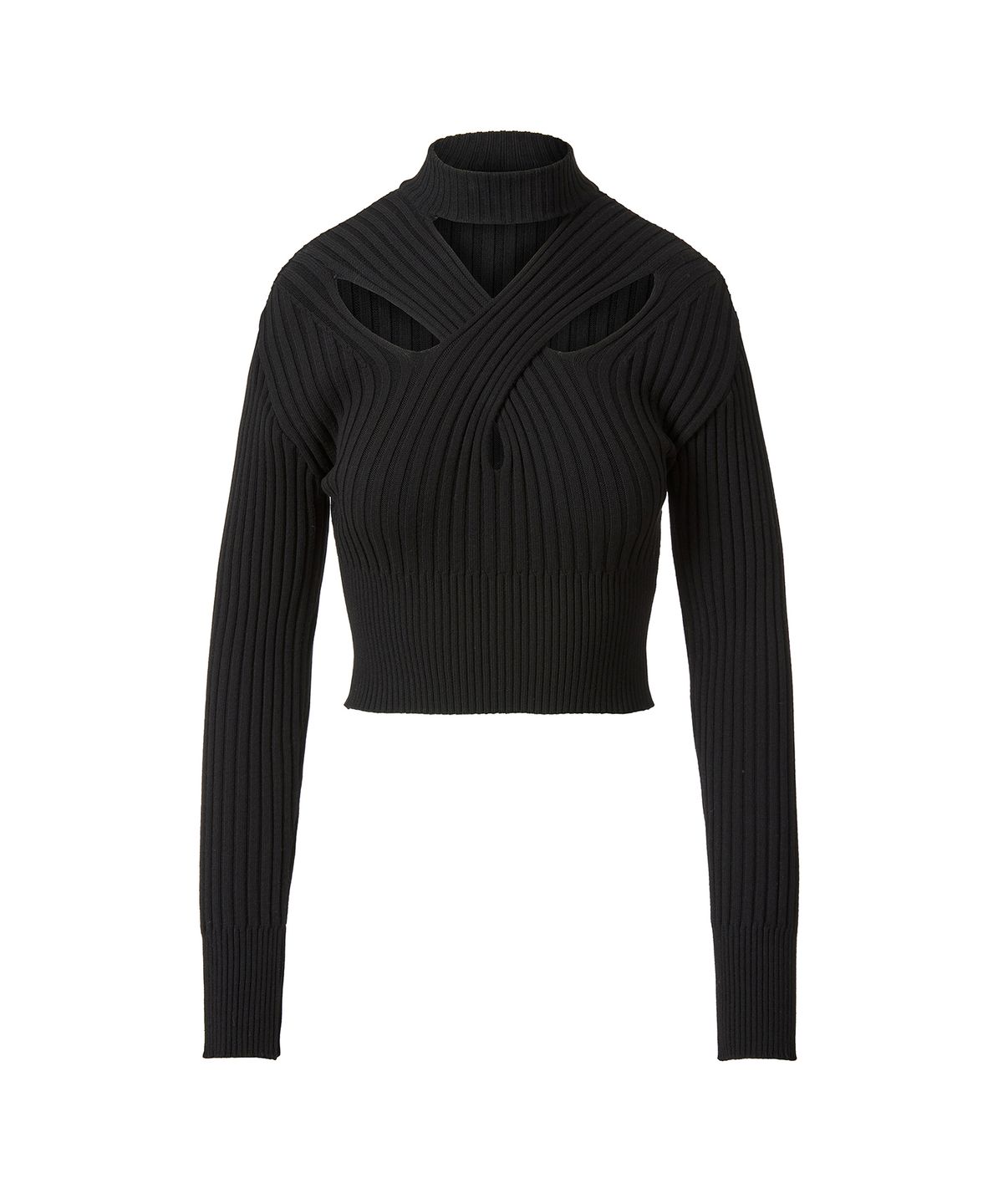 드레(DRAE) CROSS-CUTOUT RIBBED-KNIT SWEATER_BLACK