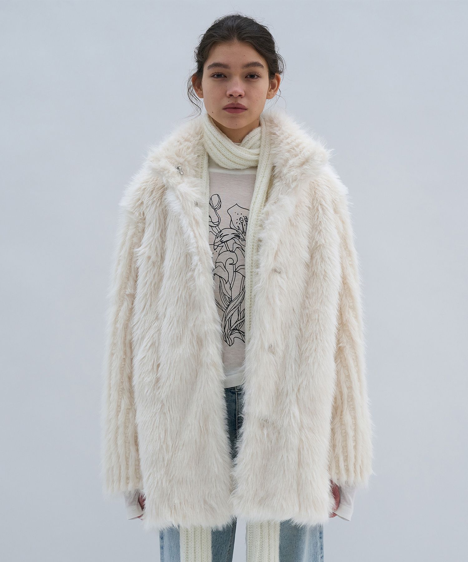 PARTIMENT WOMEN パルティメントウィメン　ファーコート　アイボリー MUSINSA | PARTIMENTO WOMEN Hairy high neck fur coat_mix ivory