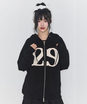 129 로고 패치 후드 집업 블랙