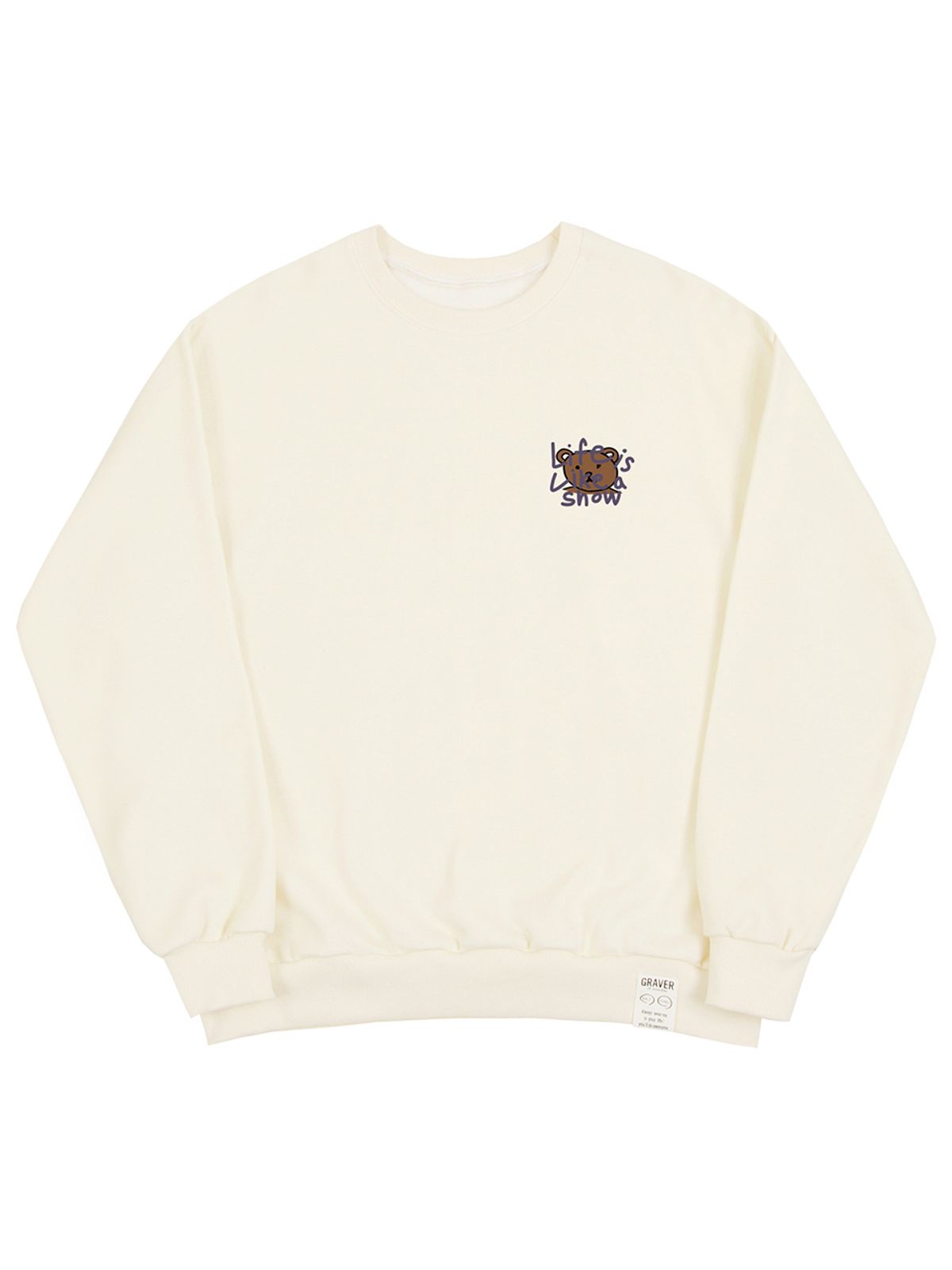 그레이버(GRAVER) [UNISEX]드로잉 레터 베어 스마일 맨투맨_크림/퍼플 로고