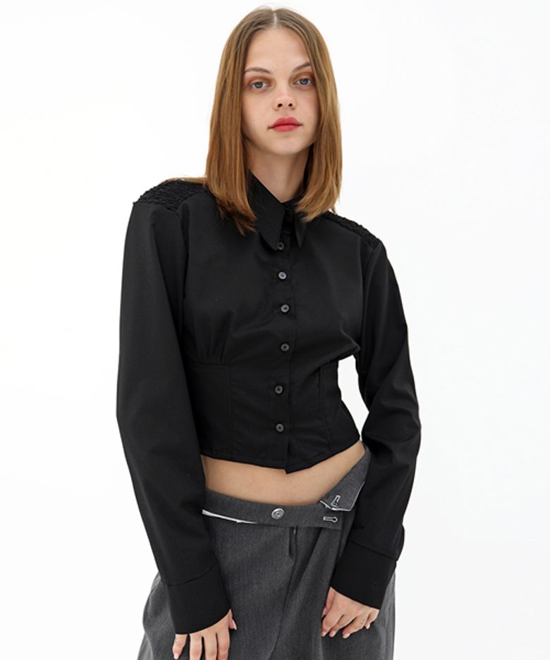 백 스모킹 블랙 셔츠_ Back Smocking Black Shirt