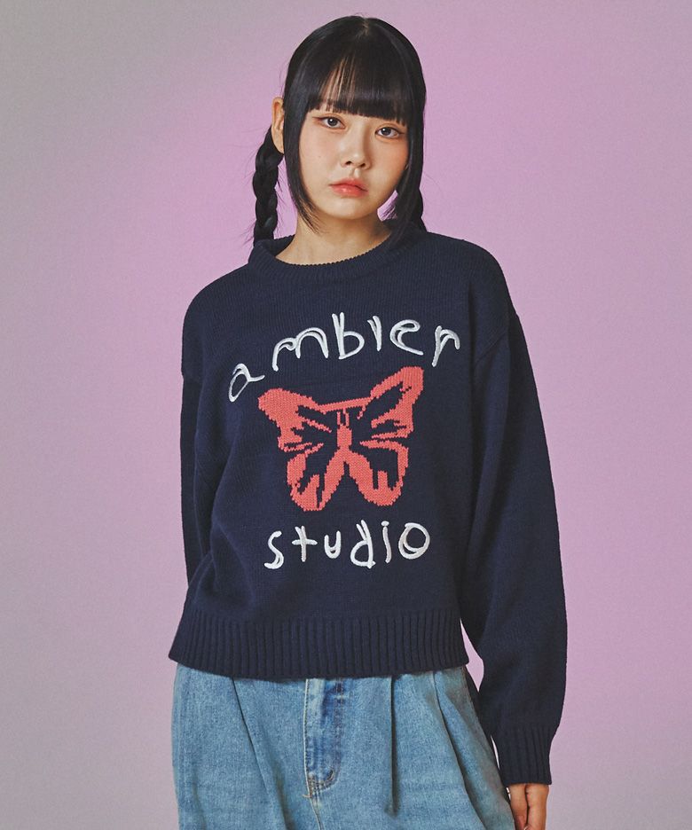 Tシャツ・カットソー +AMBLER+ Pink butterfly overfit crop sweater knit navy AKN40 MUSINSA | AMBLER Pink butterfly overfit crop sweater knit