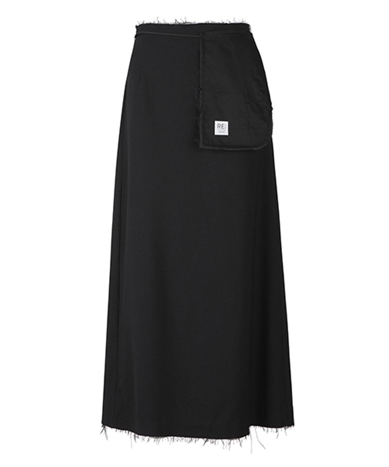 Raw Edge Detail Flare Long Skirt_RQKAW23542BKX