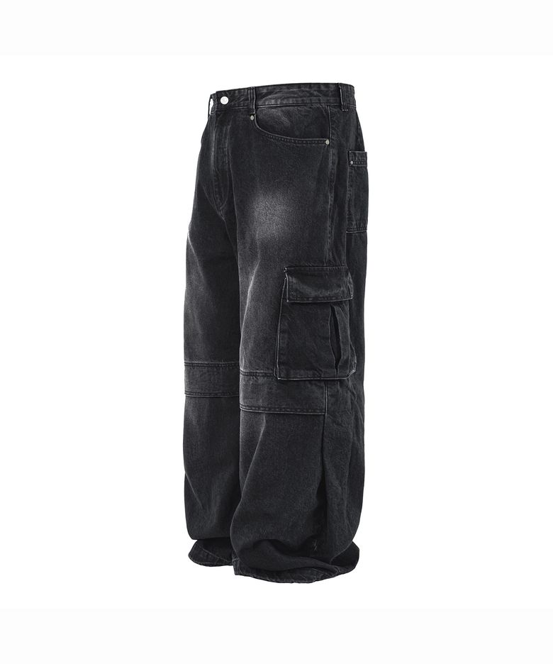 SIDE CUT DENIM CARGO PANTS (WASHED BLACK)