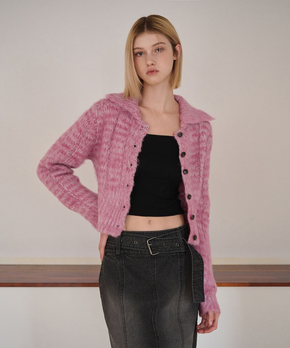 에트몽(ETMON) Color Blend Brush Knit Cardigan, Lavender Pink