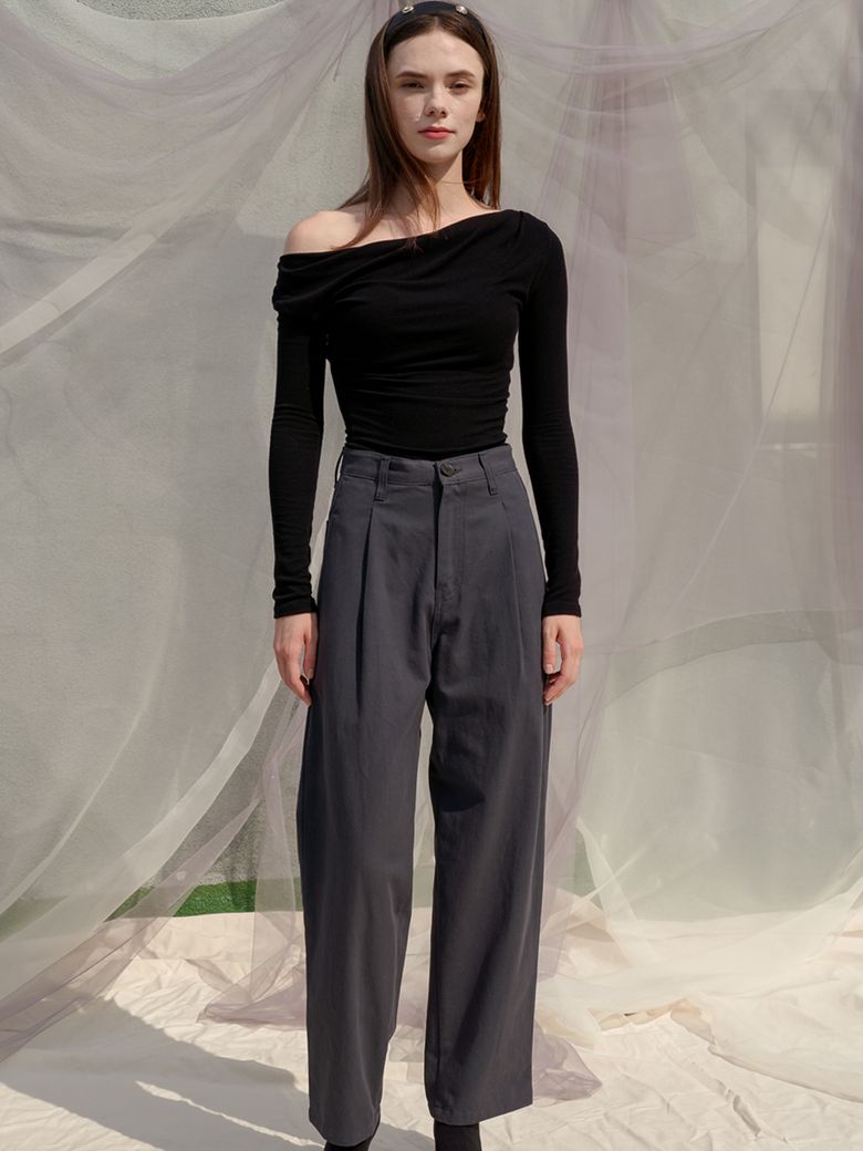 Baggy Pin tuck Cotton Pants_Charcoal
