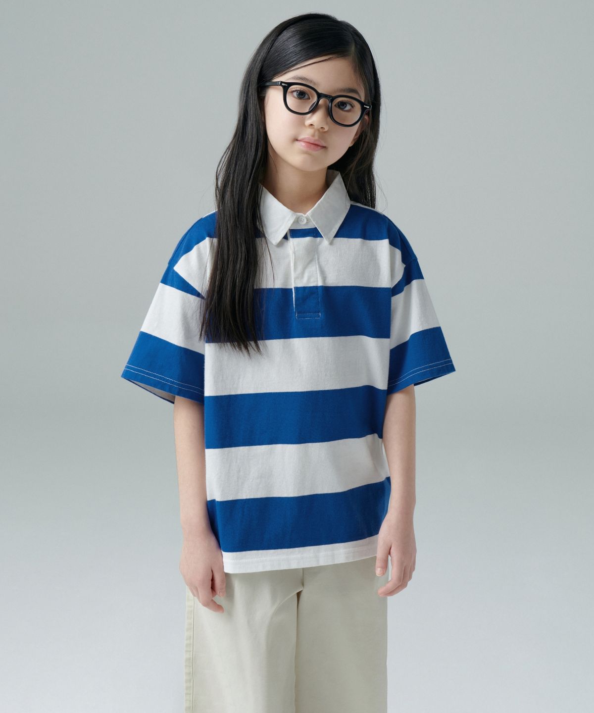 무신사 스탠다드 키즈(MUSINSA STANDARD KIDS) 스트라이프 반소매 럭비 셔츠 [블루/화이트]