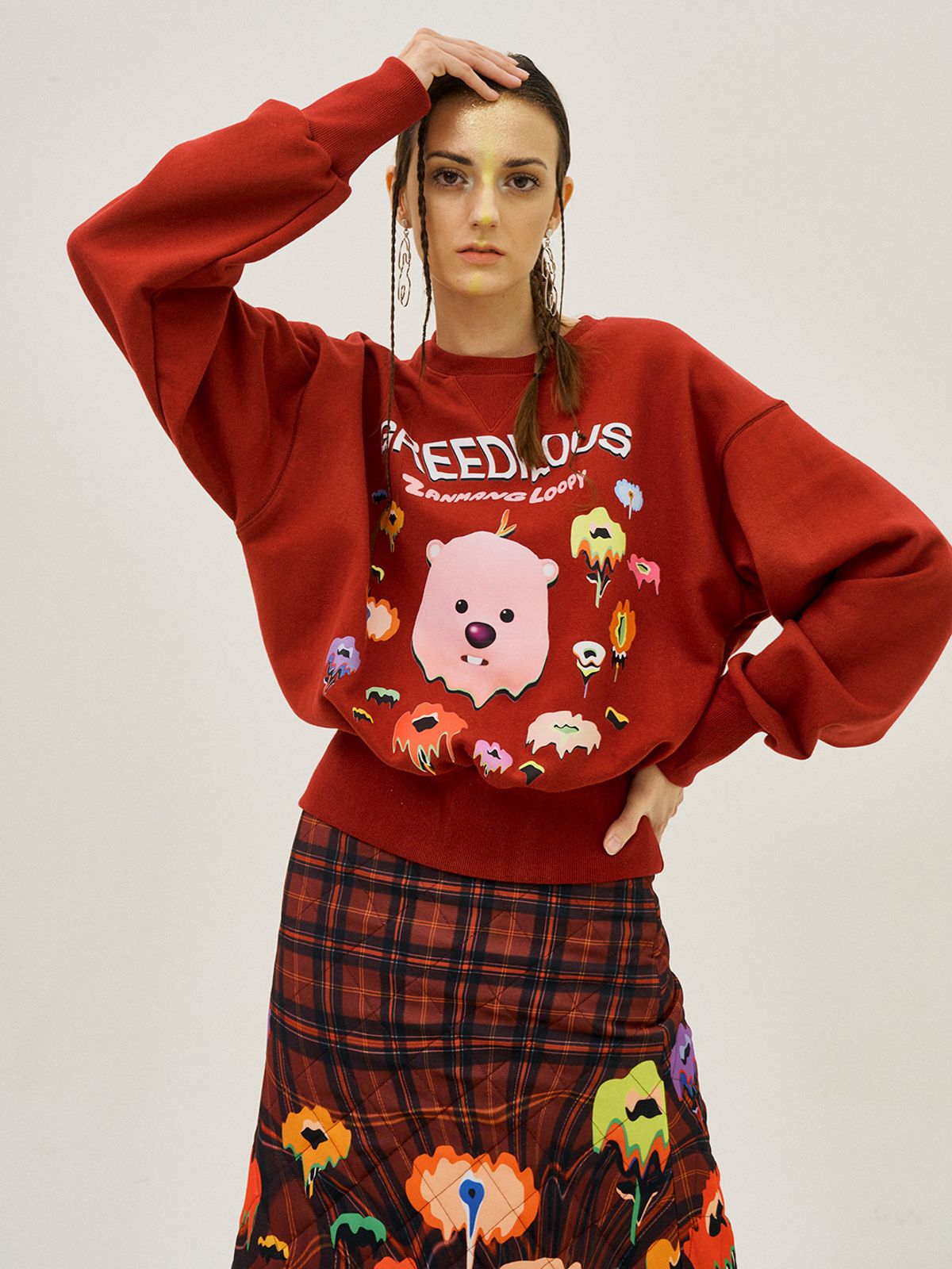 그리디어스(GREEDILOUS) Loopey Face Print Short Sweater Top Red