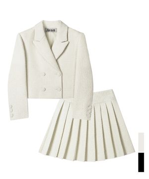 [SET] Daphne Tweed Double Button Crop Jacket & Pleated Skirt - 2COL