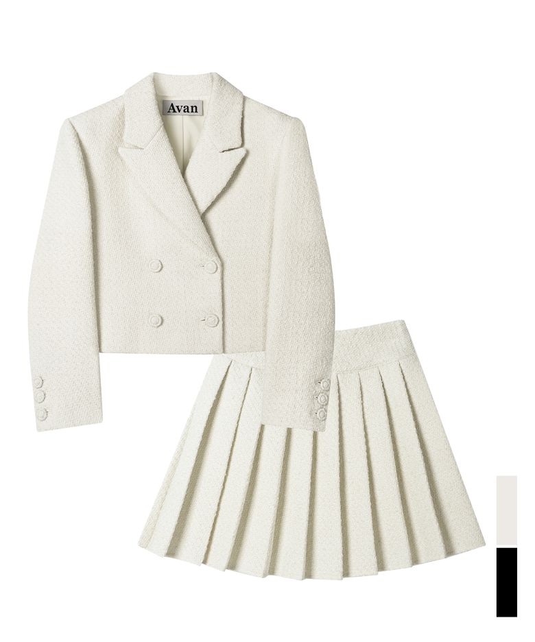 [SET] Daphne Tweed Double Button Crop Jacket & Pleated Skirt - 2COL