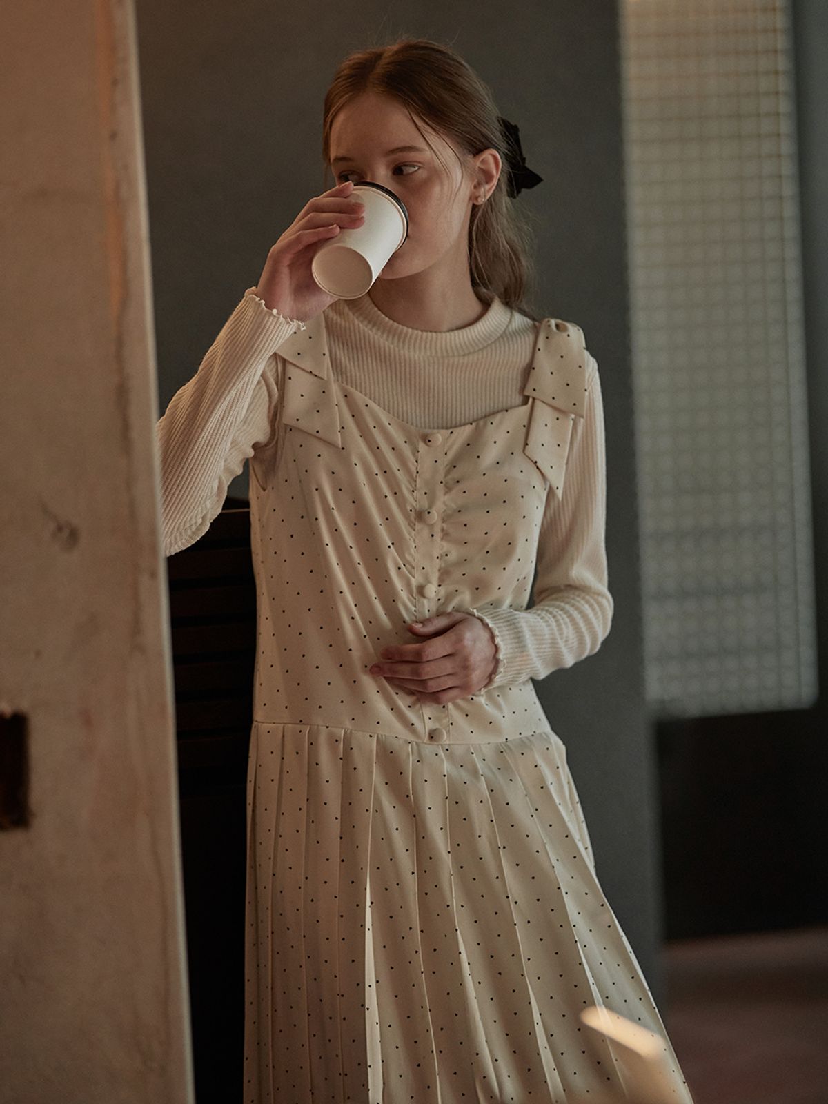 비뮤즈맨션(BEMUSE MANSION) Detachable ribbon pleated dress - Ivory heart