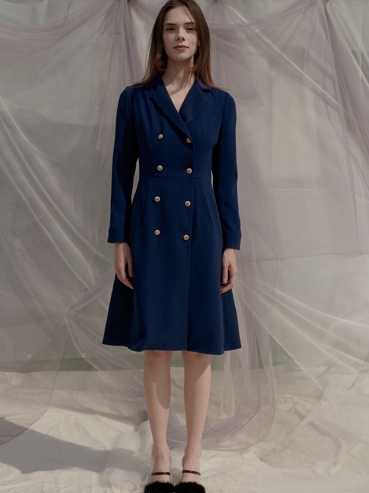 쏘리, 투 머치 러브(SORRY, TOO MUCH LOVE) Double Button Trench Style Dress_Navy