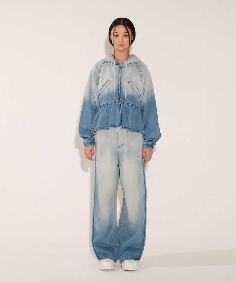 GRADATION DENIM FLARED HOOD ZIP UP [BLUE]