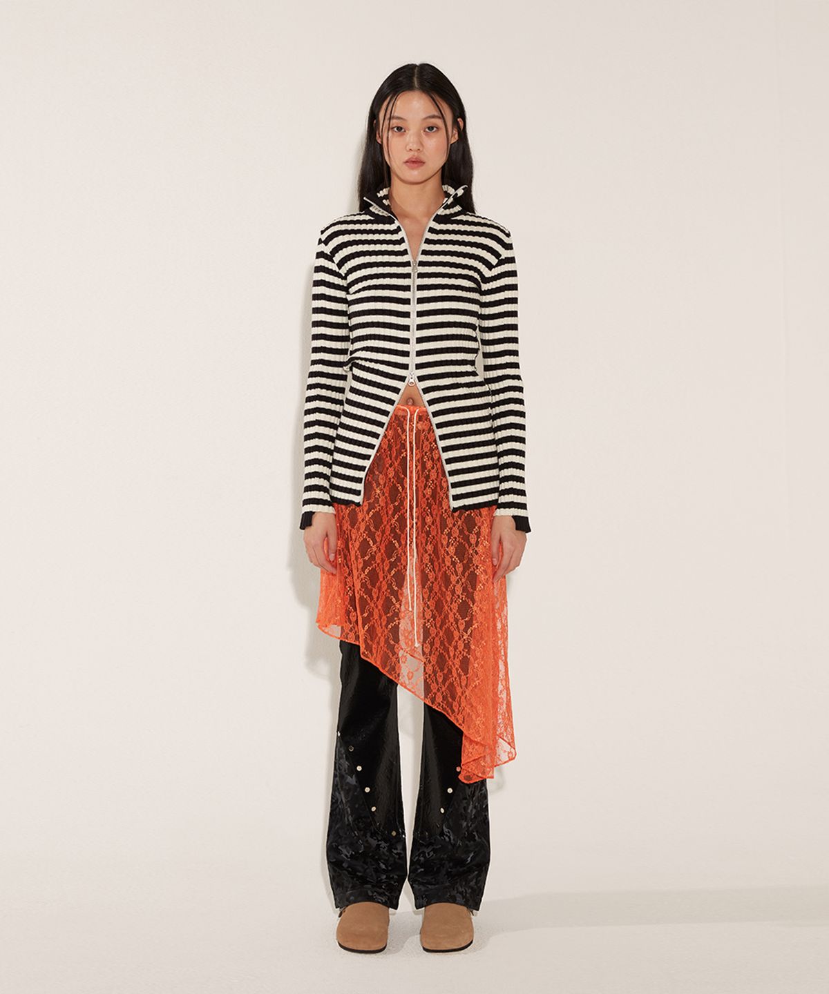 솔티페블(SALTY PEBBLE) HIGH NECK KNIT ZIP UP [STRIPE]