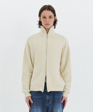 FLUFFY WOOL BLEND ZIP-UP CARDIGAN - IVORY