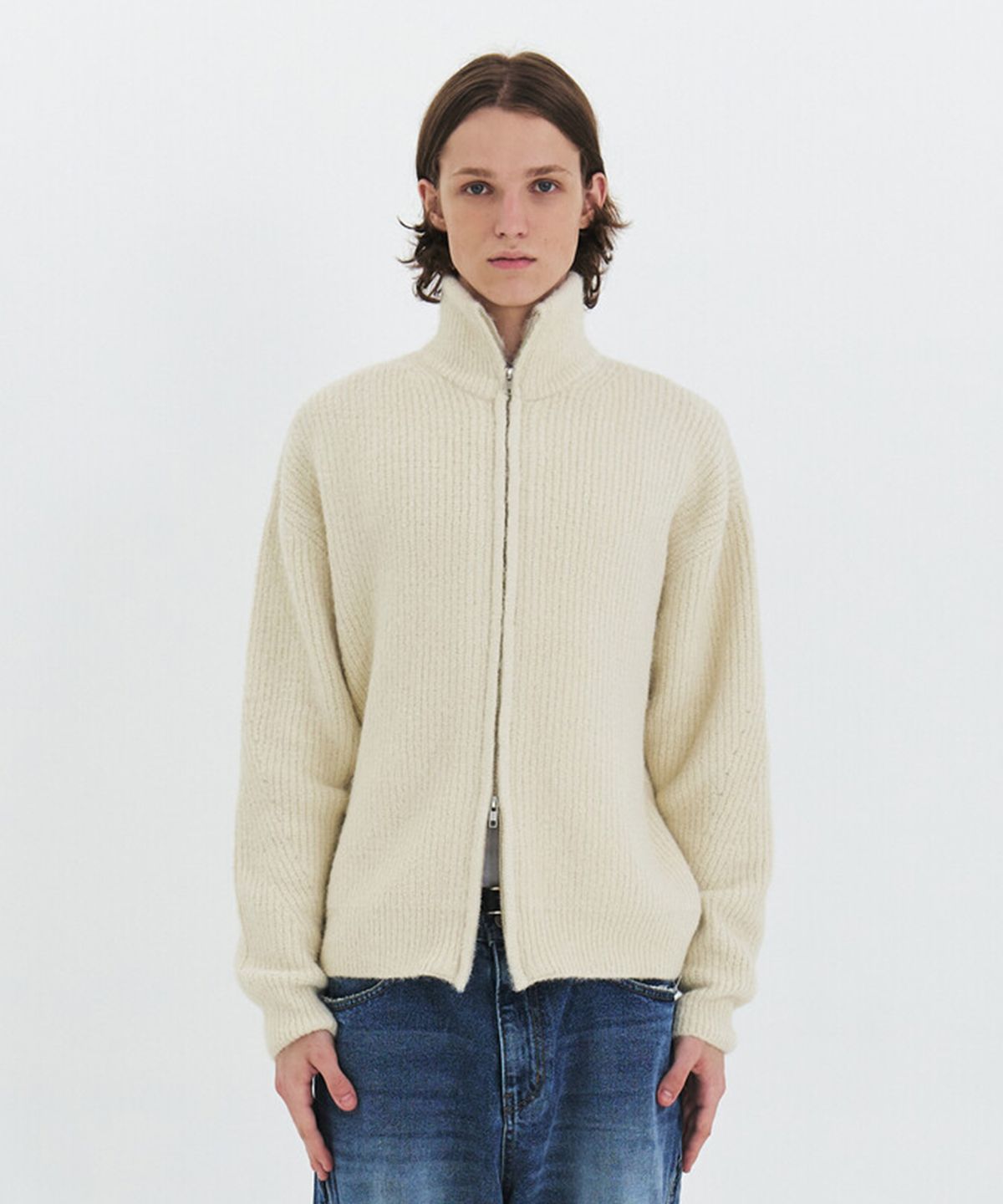 윈더(WINDER) FLUFFY WOOL BLEND ZIP-UP CARDIGAN - IVORY