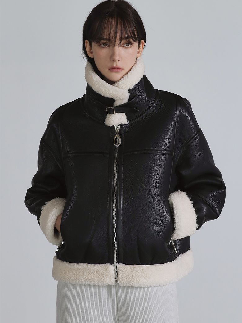 FAUX 퍼 하이넥 무스탕 쟈켓 [블랙/아이보리]