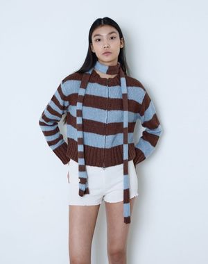 스트라이프 니트 집업 가디건(스카이블루)