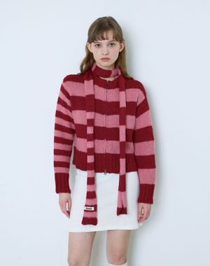 스트라이프 니트 집업 가디건(레드)