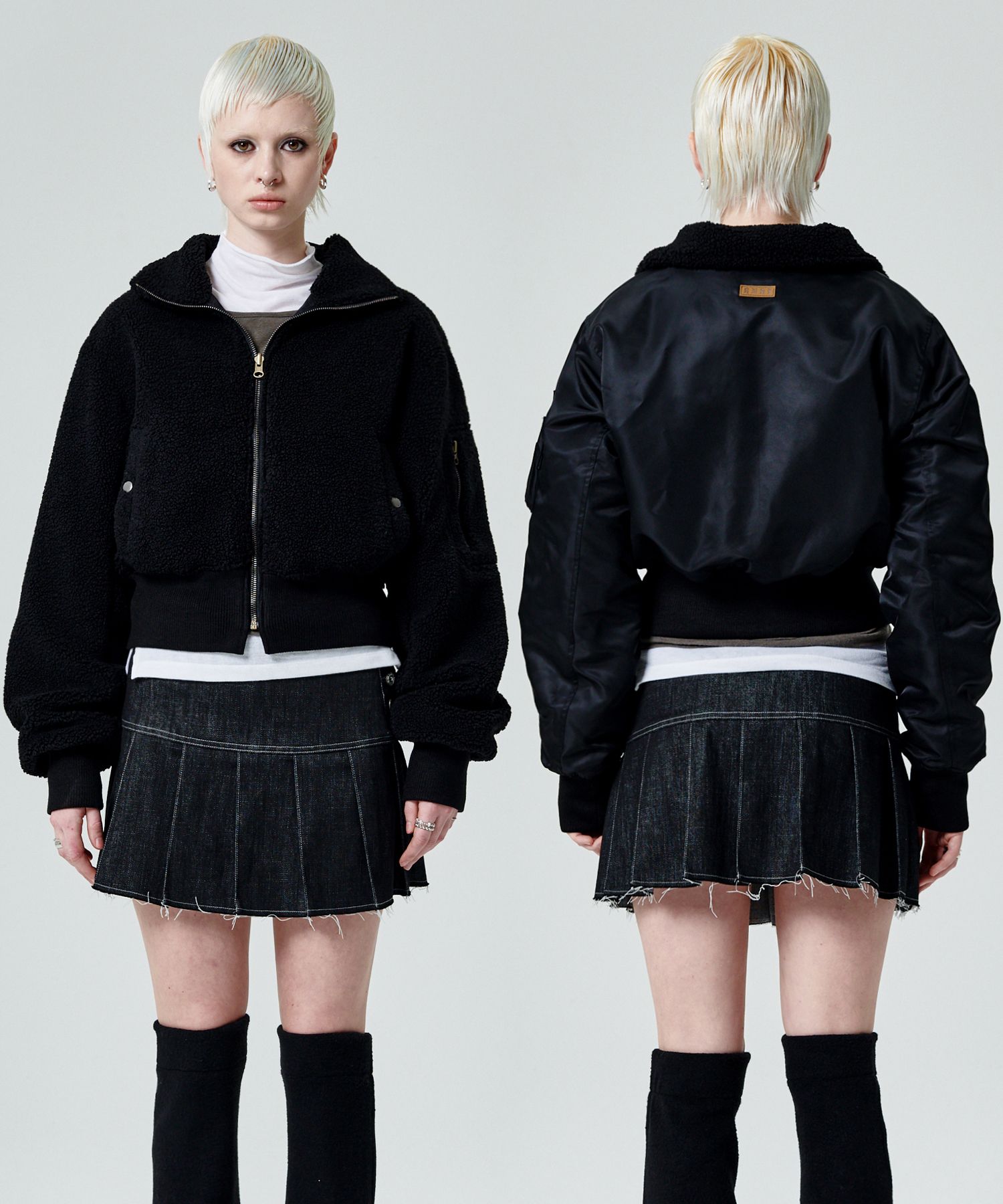 MUSINSA公式 | RUNNING HIGH Reversible Crop Bomber Jacket [Black]