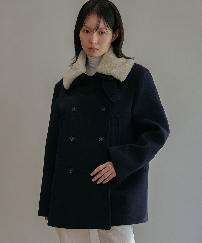 오버핏 퍼 피코트 - 네이비