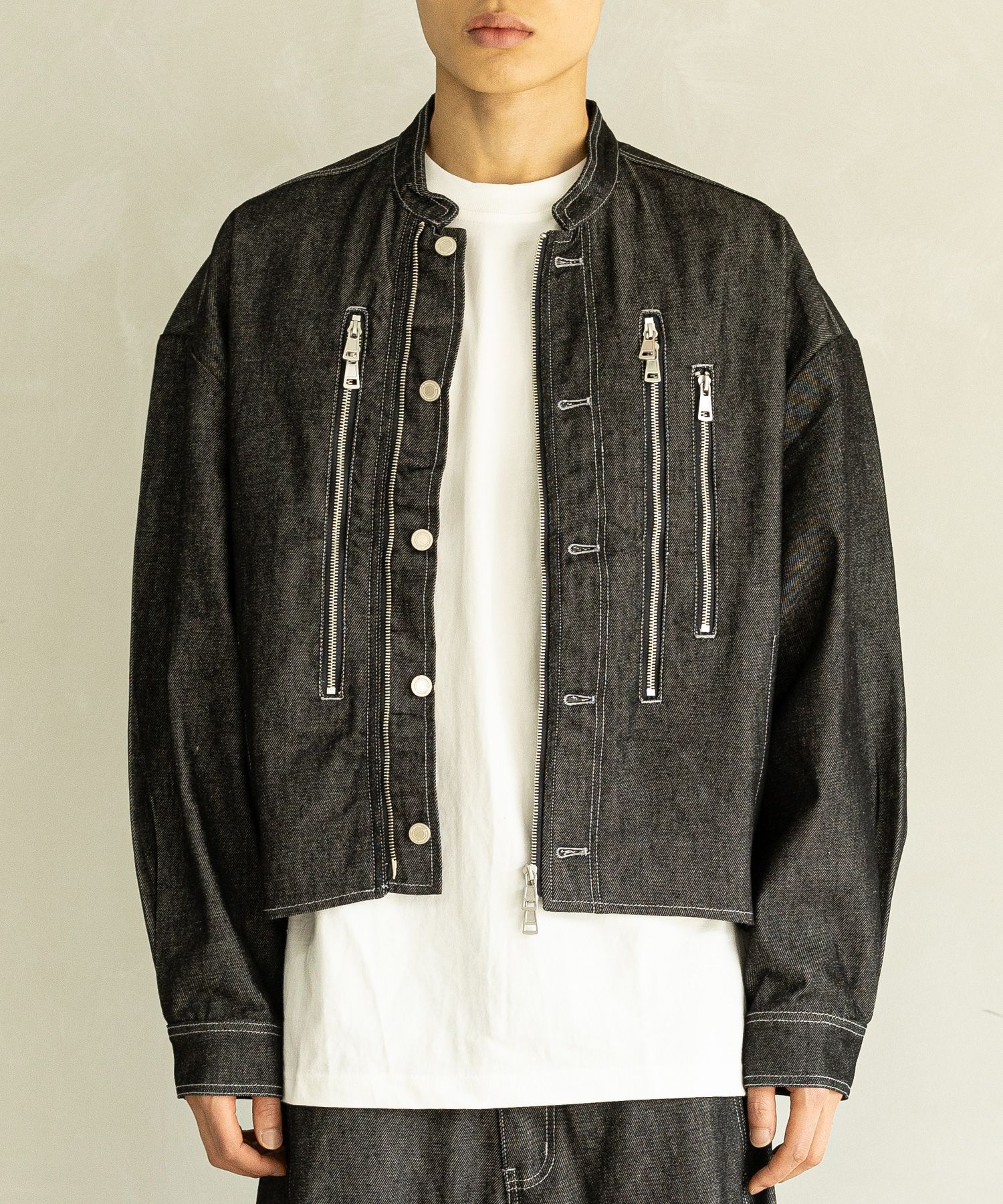 MUSINSA | MASSNOUN HIGH NECK BIKER DENIM MFHJK003-BK