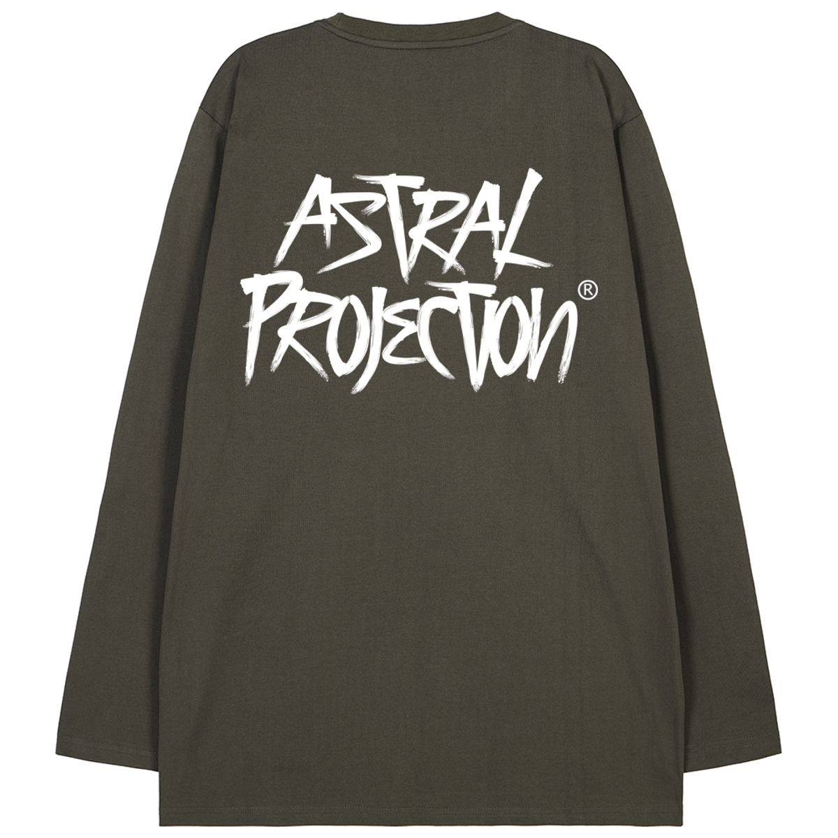 아스트랄 프로젝션(ASTRAL PROJECTION) 그래피티 레터링 오버핏 롱 슬리브 티셔츠_카키