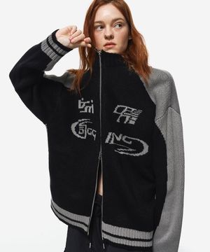 [2-WAY] 커브드 블록 니트 집업 블랙