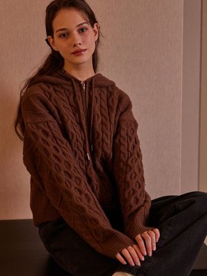 데일리 케이블 니트 후드 집업 브라운