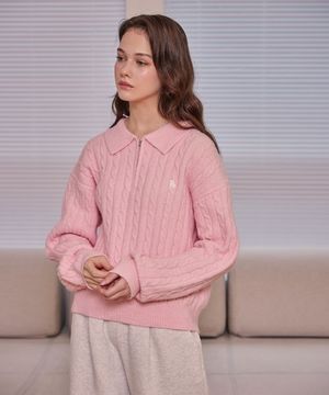 코지 꽈배기 하프 집업 니트 핑크