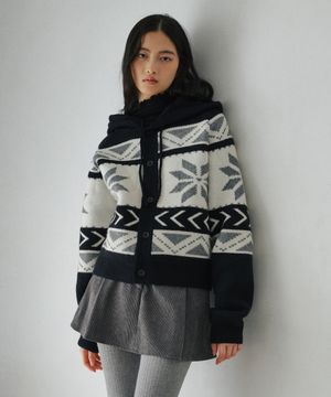 오버사이즈 헤비 노르딕  후드 니트 가디건 블랙