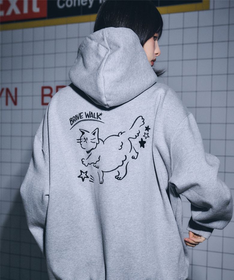 BRAVE CAT 자수 후드티 그레이