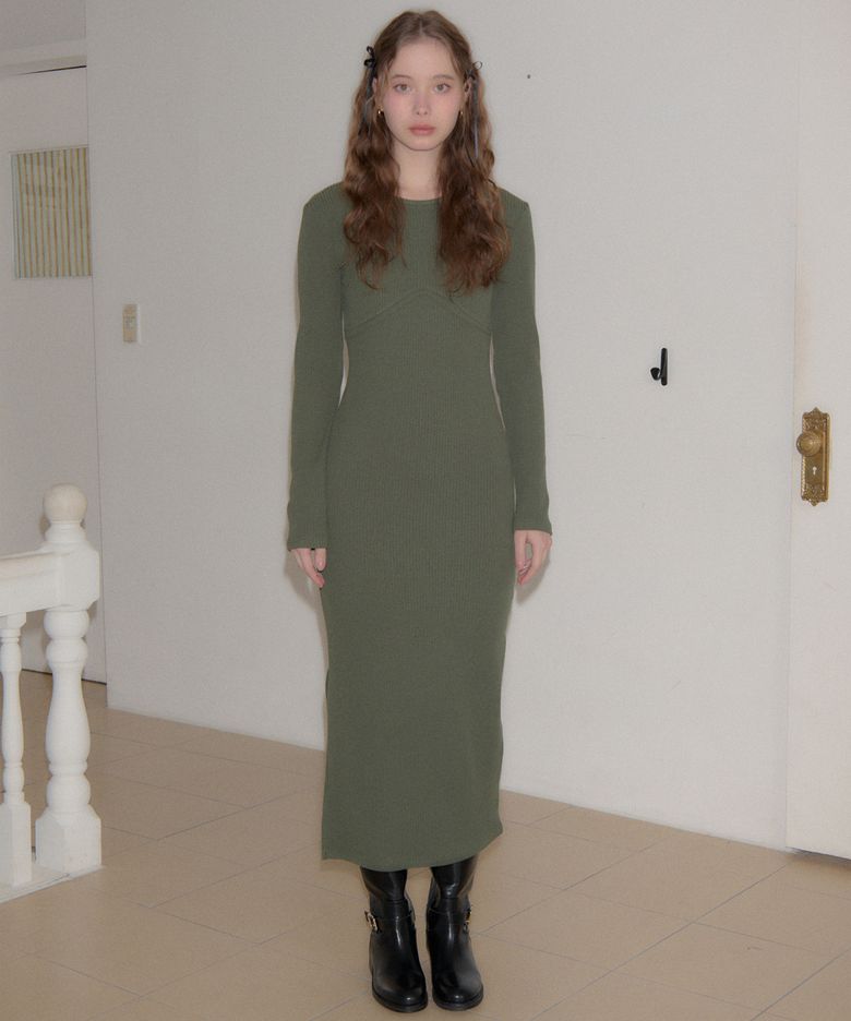Line Point Basic Jersey Dress_ Khaki