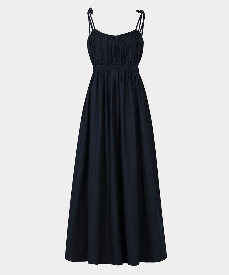 Shirring Back-Point Long Dress (navy)
