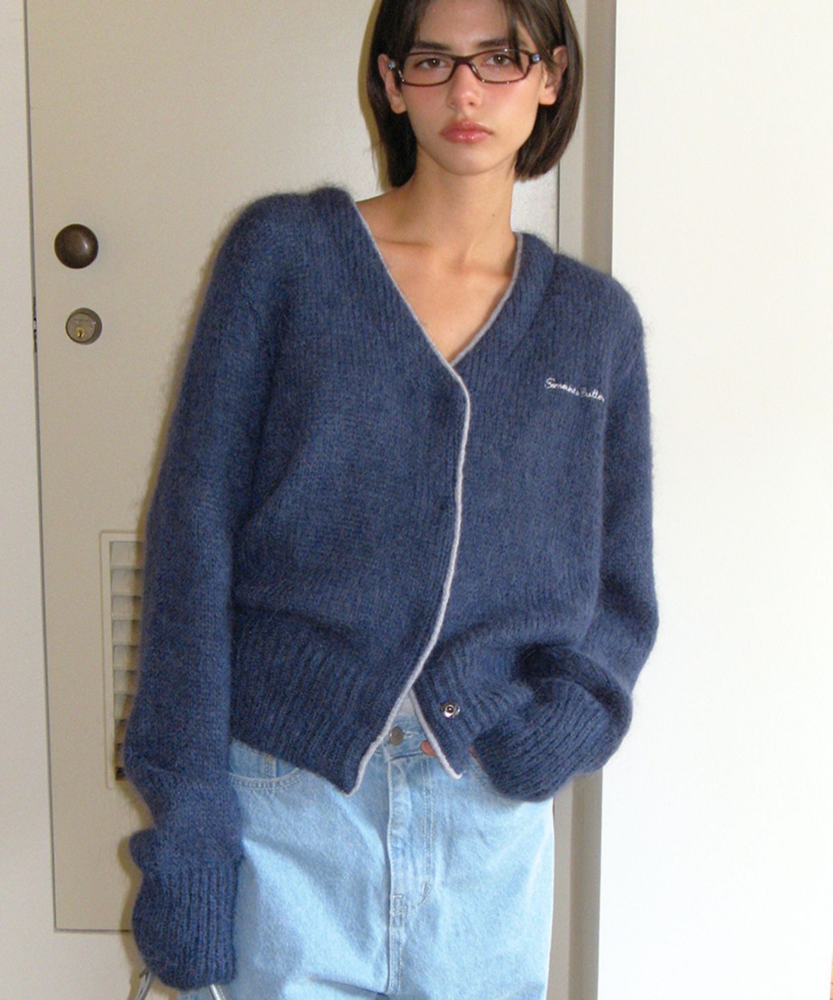 썸웨어버터(SOMEWHEREBUTTER) Kid mohair cardigan - vintage blue