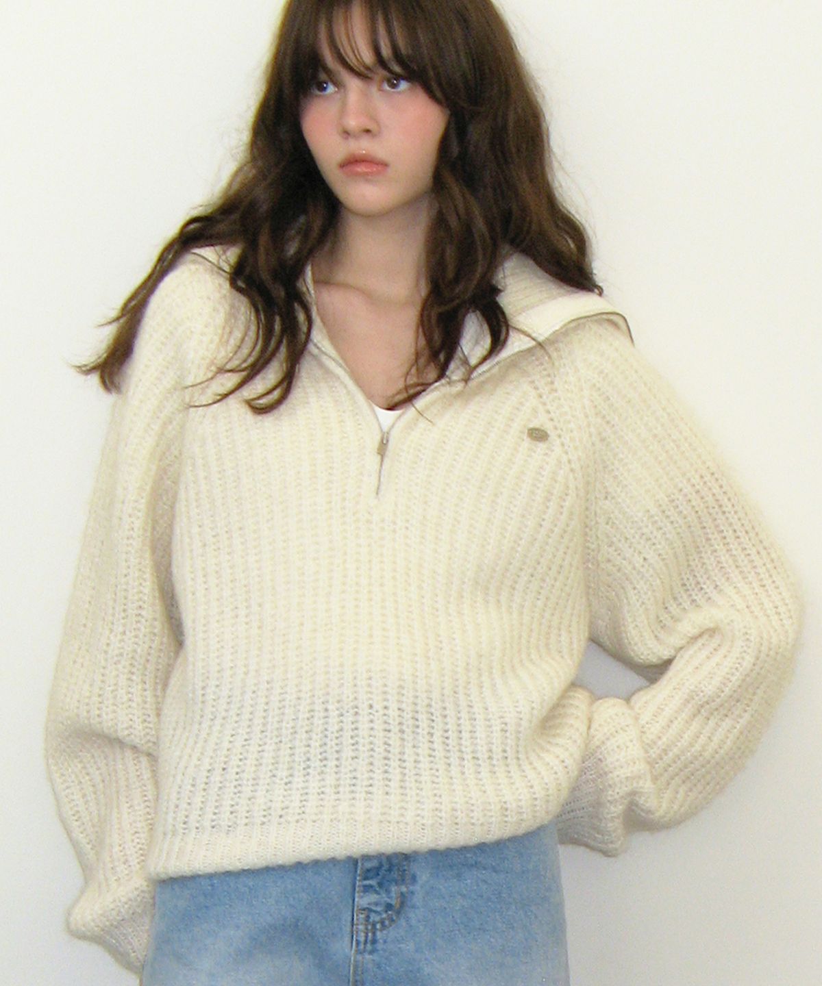 썸웨어버터(SOMEWHEREBUTTER) Kid mohair half zip-up - ivory