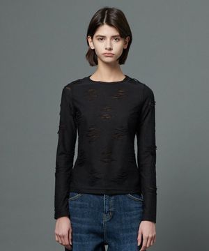 스크래치 데미지 슬림 티 셔츠 블랙